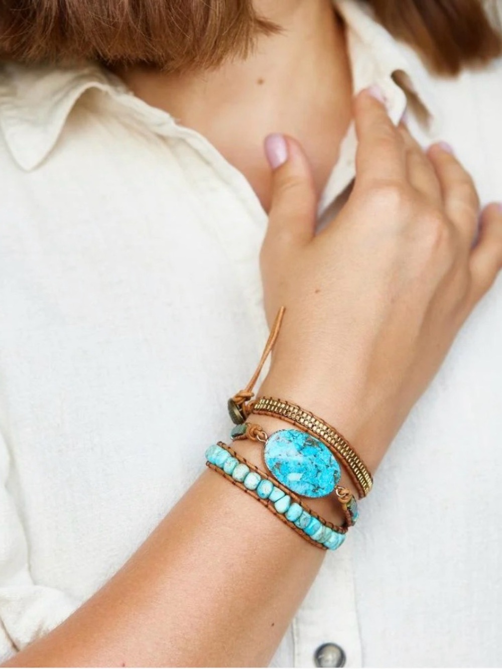 Handmade Chakra Healing Turquoise Imperial Jasper Leather Wrap Bracelet Coastal